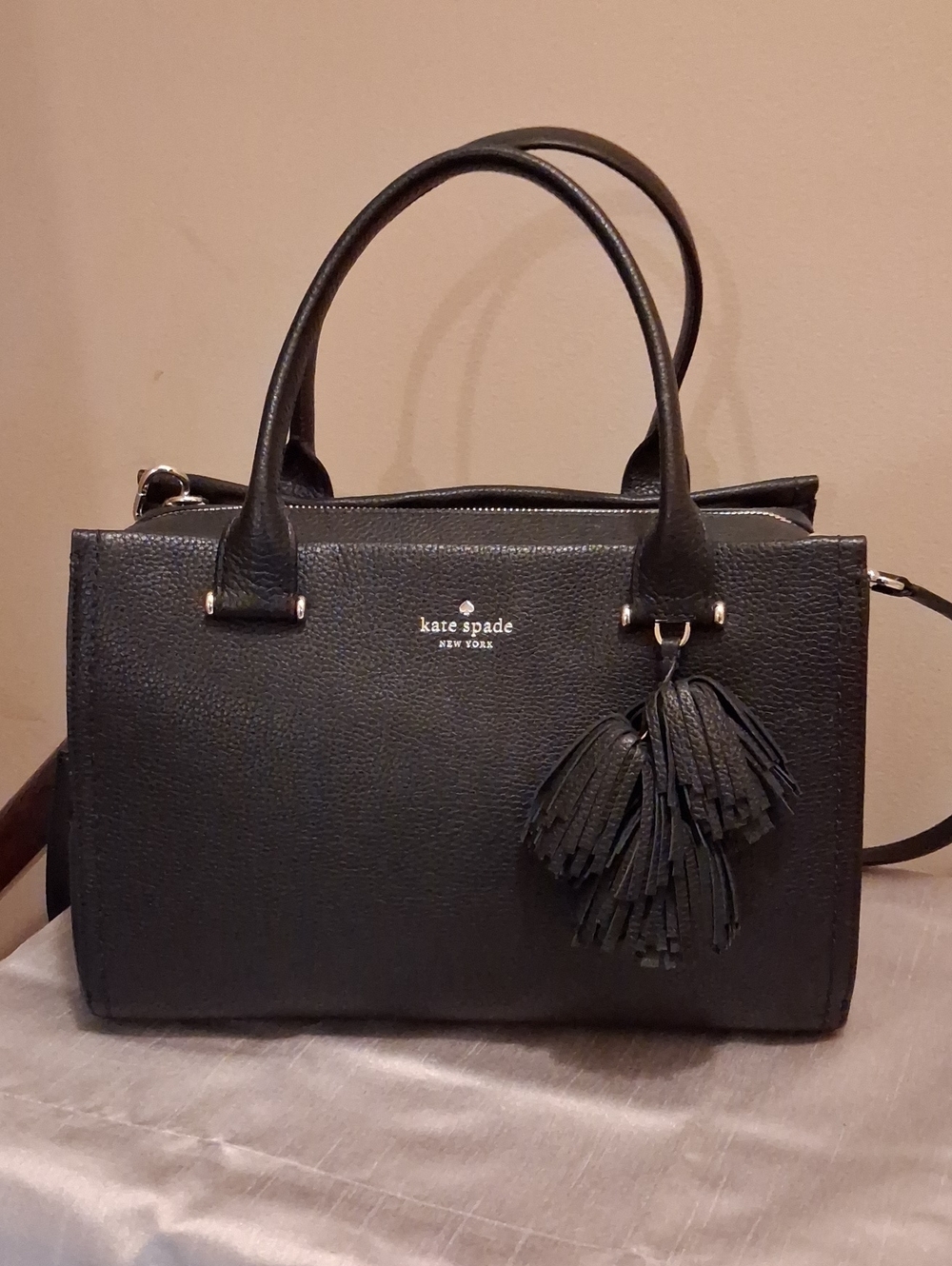 Nwt kate spade Black Pebbled Leather Satchel with Tassel Accent